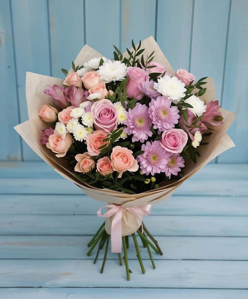 Букет цветов из: Хризантемы, Розы и Альстромерии в Зубовой Поляне