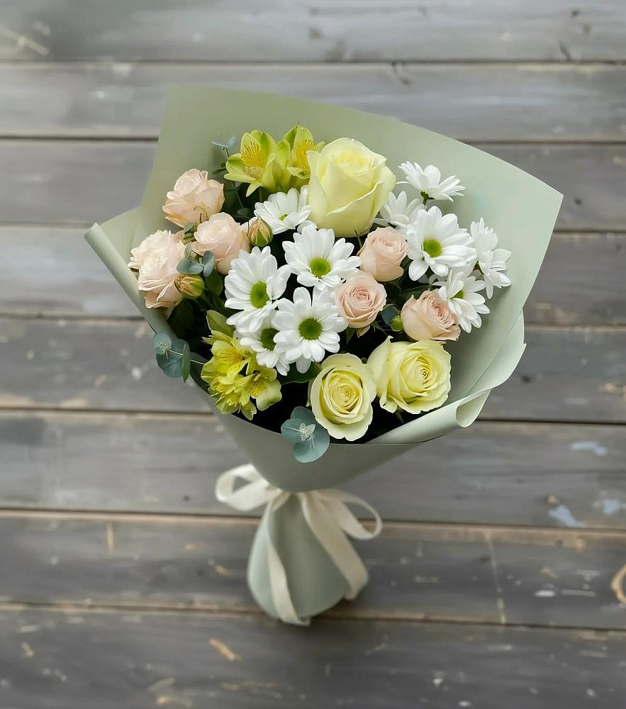 Букет цветов из: Альстромерии, Розы и Хризантемы в Зубовой Поляне