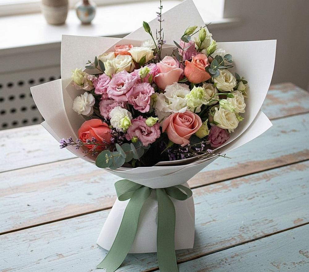 Букет цветов из: Розы, Лизиантусы и Гвоздики в Зубовой Поляне