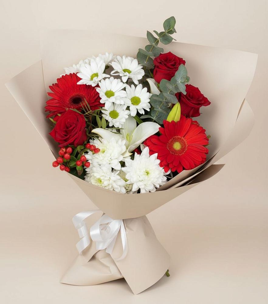 Букет цветов из: Розы, Хризантемы, Герберы и Лилии в Зубовой Поляне