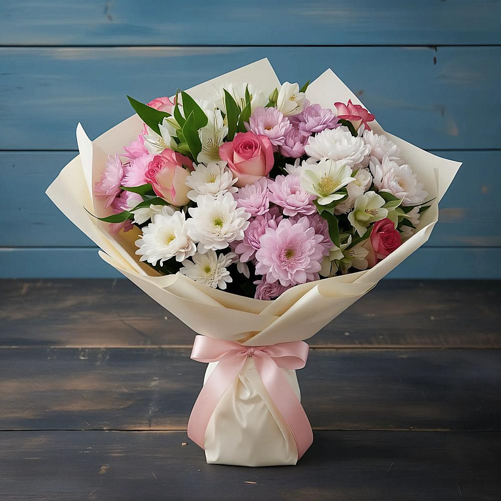 Букет цветов из: Хризантемы, Альстромерии и Розы в Зубовой Поляне